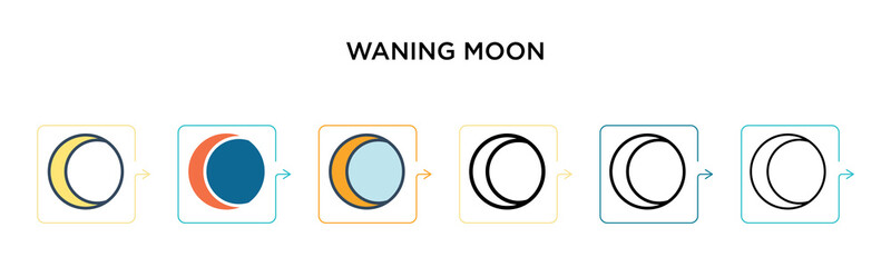 Waning moon vector icon in 6 different modern styles. Black, two colored waning moon icons designed in filled, outline, line and stroke style. Vector illustration can be used for web, mobile, ui