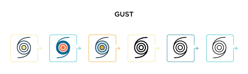 Gust vector icon in 6 different modern styles. Black, two colored gust icons designed in filled, outline, line and stroke style. Vector illustration can be used for web, mobile, ui
