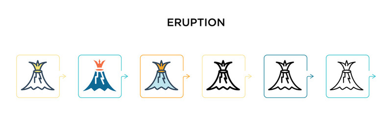 Eruption vector icon in 6 different modern styles. Black, two colored eruption icons designed in filled, outline, line and stroke style. Vector illustration can be used for web, mobile, ui