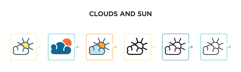 Clouds and sun vector icon in 6 different modern styles. Black, two colored clouds and sun icons designed in filled, outline, line and stroke style. Vector illustration can be used for web, mobile, ui