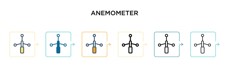 Anemometer vector icon in 6 different modern styles. Black, two colored anemometer icons designed in filled, outline, line and stroke style. Vector illustration can be used for web, mobile, ui