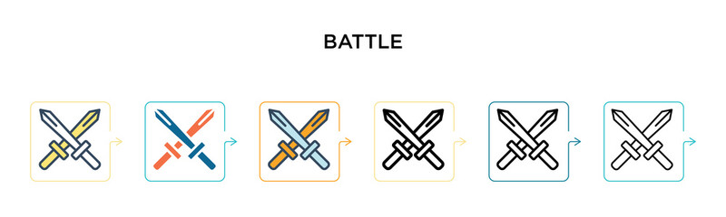 Battle vector icon in 6 different modern styles. Black, two colored battle icons designed in filled, outline, line and stroke style. Vector illustration can be used for web, mobile, ui