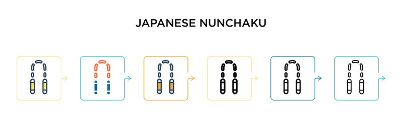 Japanese nunchaku vector icon in 6 different modern styles. Black, two colored japanese nunchaku icons designed in filled, outline, line and stroke style. Vector illustration can be used for web,