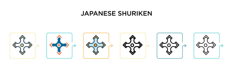 Japanese shuriken vector icon in 6 different modern styles. Black, two colored japanese shuriken icons designed in filled, outline, line and stroke style. Vector illustration can be used for web,