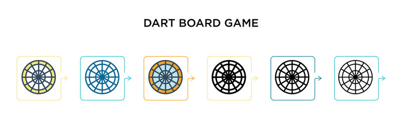 Dart board game vector icon in 6 different modern styles. Black, two colored dart board game icons designed in filled, outline, line and stroke style. Vector illustration can be used for web, mobile,