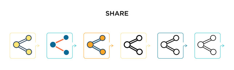 Share vector icon in 6 different modern styles. Black, two colored share icons designed in filled, outline, line and stroke style. Vector illustration can be used for web, mobile, ui
