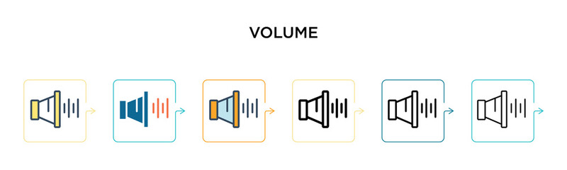 Volume vector icon in 6 different modern styles. Black, two colored volume icons designed in filled, outline, line and stroke style. Vector illustration can be used for web, mobile, ui