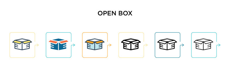 Open box vector icon in 6 different modern styles. Black, two colored open box icons designed in filled, outline, line and stroke style. Vector illustration can be used for web, mobile, ui
