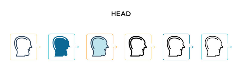 Head vector icon in 6 different modern styles. Black, two colored head icons designed in filled, outline, line and stroke style. Vector illustration can be used for web, mobile, ui