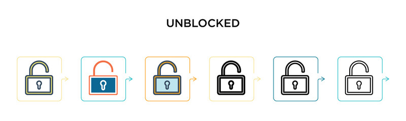 Unblocked vector icon in 6 different modern styles. Black, two colored unblocked icons designed in filled, outline, line and stroke style. Vector illustration can be used for web, mobile, ui