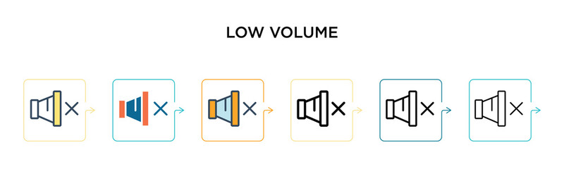 Low volume vector icon in 6 different modern styles. Black, two colored low volume icons designed in filled, outline, line and stroke style. Vector illustration can be used for web, mobile, ui