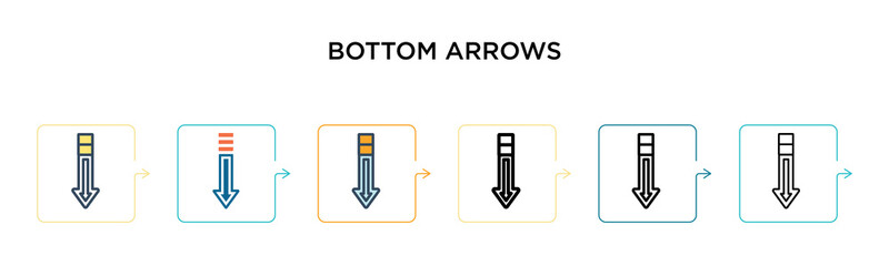 Bottom arrows vector icon in 6 different modern styles. Black, two colored bottom arrows icons designed in filled, outline, line and stroke style. Vector illustration can be used for web, mobile, ui