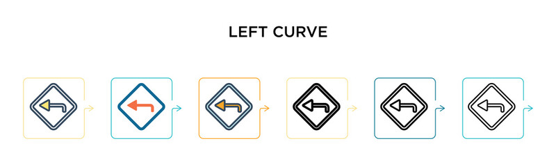 Left curve sign vector icon in 6 different modern styles. Black, two colored left curve sign icons designed in filled, outline, line and stroke style. Vector illustration can be used for web, mobile,