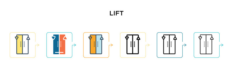 Lift sign vector icon in 6 different modern styles. Black, two colored lift sign icons designed in filled, outline, line and stroke style. Vector illustration can be used for web, mobile, ui