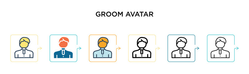 Groom avatar vector icon in 6 different modern styles. Black, two colored groom avatar icons designed in filled, outline, line and stroke style. Vector illustration can be used for web, mobile, ui