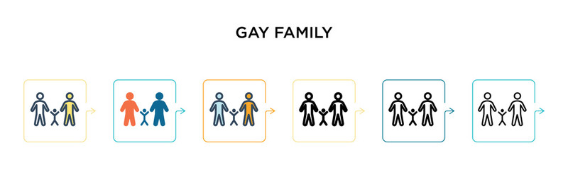 Gay family vector icon in 6 different modern styles. Black, two colored gay family icons designed in filled, outline, line and stroke style. Vector illustration can be used for web, mobile, ui