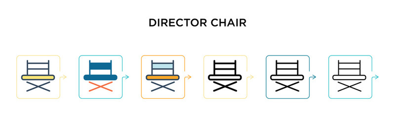 Director chair vector icon in 6 different modern styles. Black, two colored director chair icons designed in filled, outline, line and stroke style. Vector illustration can be used for web, mobile, ui