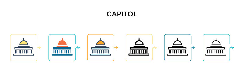 Capitol vector icon in 6 different modern styles. Black, two colored capitol icons designed in filled, outline, line and stroke style. Vector illustration can be used for web, mobile, ui
