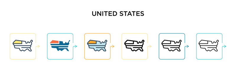 United states vector icon in 6 different modern styles. Black, two colored united states icons designed in filled, outline, line and stroke style. Vector illustration can be used for web, mobile, ui