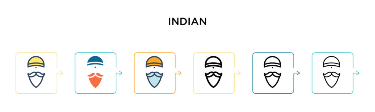Indian vector icon in 6 different modern styles. Black, two colored indian icons designed in filled, outline, line and stroke style. Vector illustration can be used for web, mobile, ui