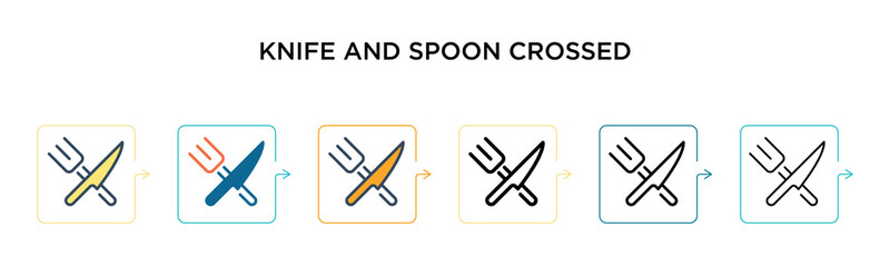 Knife and spoon crossed vector icon in 6 different modern styles. Black, two colored knife and spoon crossed icons designed in filled, outline, line and stroke style. Vector illustration can be used