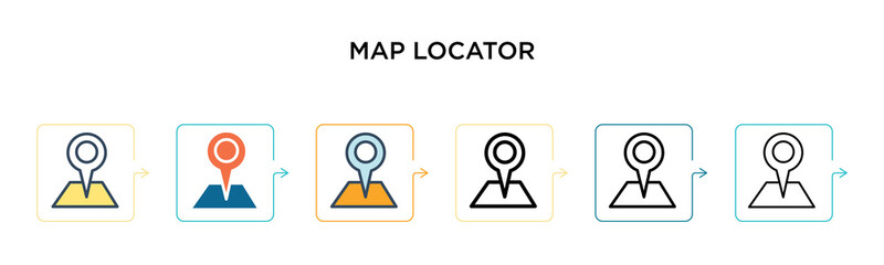 Map locator vector icon in 6 different modern styles. Black, two colored map locator icons designed in filled, outline, line and stroke style. Vector illustration can be used for web, mobile, ui