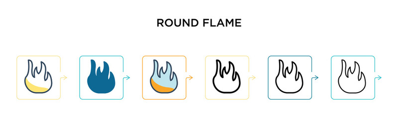 Round flame vector icon in 6 different modern styles. Black, two colored round flame icons designed in filled, outline, line and stroke style. Vector illustration can be used for web, mobile, ui
