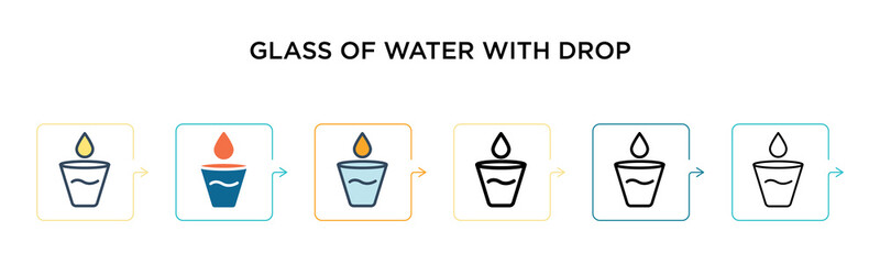 Glass of water with drop vector icon in 6 different modern styles. Black, two colored glass of water with drop icons designed in filled, outline, line and stroke style. Vector illustration can be used