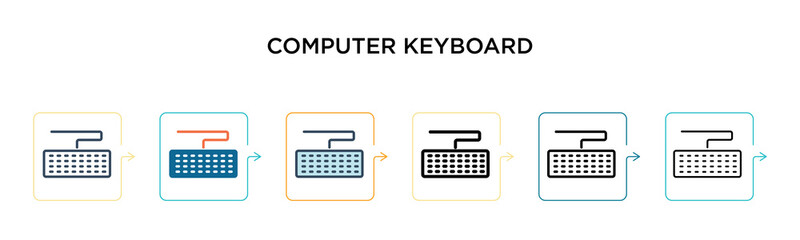 Computer keyboard vector icon in 6 different modern styles. Black, two colored computer keyboard icons designed in filled, outline, line and stroke style. Vector illustration can be used for web,