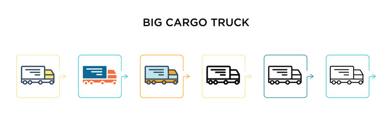 Big cargo truck vector icon in 6 different modern styles. Black, two colored big cargo truck icons designed in filled, outline, line and stroke style. Vector illustration can be used for web, mobile,