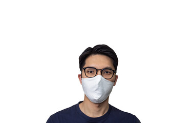 Asian man wearing white face mask - isolated on white background with clipping path