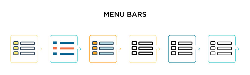 Menu bars vector icon in 6 different modern styles. Black, two colored menu bars icons designed in filled, outline, line and stroke style. Vector illustration can be used for web, mobile, ui