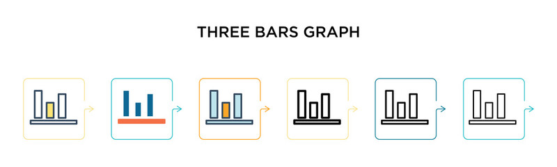 Three bars graph vector icon in 6 different modern styles. Black, two colored three bars graph icons designed in filled, outline, line and stroke style. Vector illustration can be used for web,