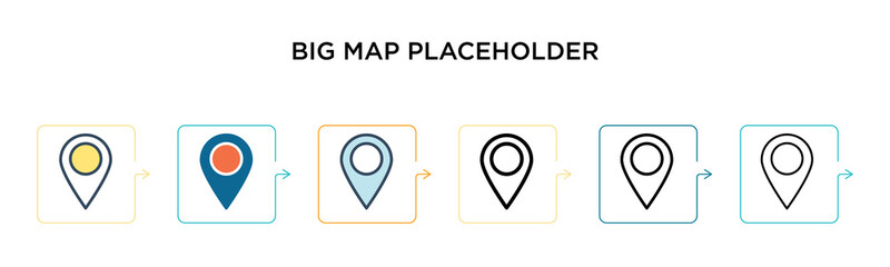 Big map placeholder vector icon in 6 different modern styles. Black, two colored big map placeholder icons designed in filled, outline, line and stroke style. Vector illustration can be used for web,