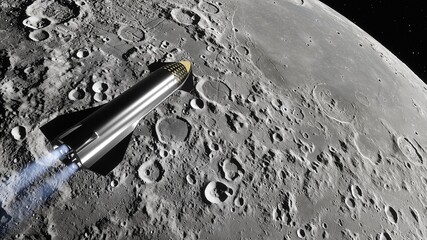 SpaceX Starship satellite, SpaceX Concept Spacecraft in orbit of the Moon 3d render © Aleksandr