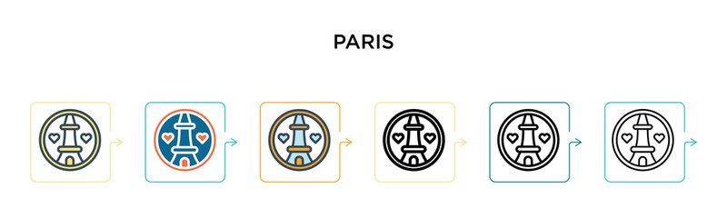 Paris vector icon in 6 different modern styles. Black, two colored paris icons designed in filled, outline, line and stroke style. Vector illustration can be used for web, mobile, ui