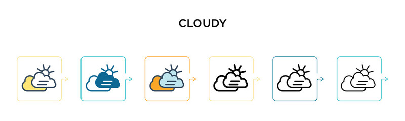 Cloudy vector icon in 6 different modern styles. Black, two colored cloudy icons designed in filled, outline, line and stroke style. Vector illustration can be used for web, mobile, ui