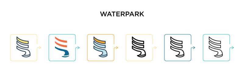 Waterpark vector icon in 6 different modern styles. Black, two colored waterpark icons designed in filled, outline, line and stroke style. Vector illustration can be used for web, mobile, ui