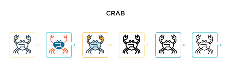 Crab vector icon in 6 different modern styles. Black, two colored crab icons designed in filled, outline, line and stroke style. Vector illustration can be used for web, mobile, ui