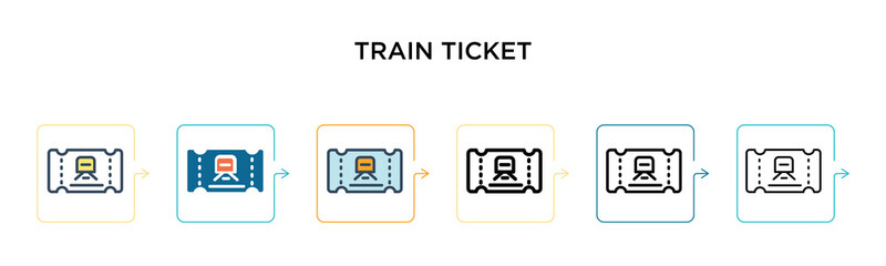 Train ticket vector icon in 6 different modern styles. Black, two colored train ticket icons designed in filled, outline, line and stroke style. Vector illustration can be used for web, mobile, ui