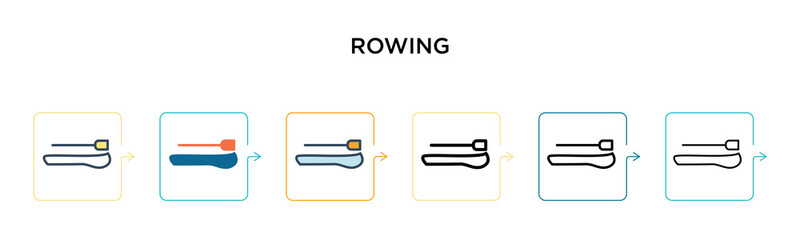 Rowing vector icon in 6 different modern styles. Black, two colored rowing icons designed in filled, outline, line and stroke style. Vector illustration can be used for web, mobile, ui