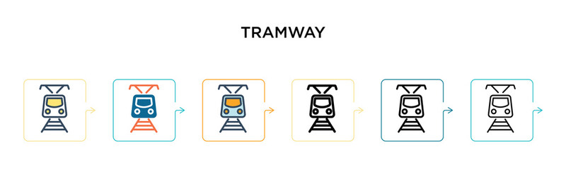 Tramway vector icon in 6 different modern styles. Black, two colored tramway icons designed in filled, outline, line and stroke style. Vector illustration can be used for web, mobile, ui