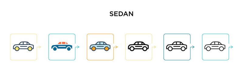 Sedan vector icon in 6 different modern styles. Black, two colored sedan icons designed in filled, outline, line and stroke style. Vector illustration can be used for web, mobile, ui