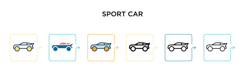 Sport car vector icon in 6 different modern styles. Black, two colored sport car icons designed in filled, outline, line and stroke style. Vector illustration can be used for web, mobile, ui
