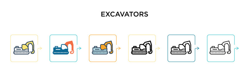 Excavators vector icon in 6 different modern styles. Black, two colored excavators icons designed in filled, outline, line and stroke style. Vector illustration can be used for web, mobile, ui