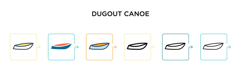 Dugout canoe vector icon in 6 different modern styles. Black, two colored dugout canoe icons designed in filled, outline, line and stroke style. Vector illustration can be used for web, mobile, ui