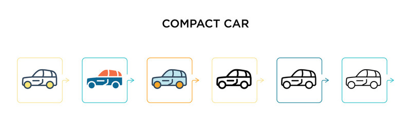 Compact car vector icon in 6 different modern styles. Black, two colored compact car icons designed in filled, outline, line and stroke style. Vector illustration can be used for web, mobile, ui