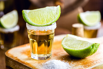 glass of tequila, a drink of Mexican culture, made of distilled alcohol, lemon, salt and blue...