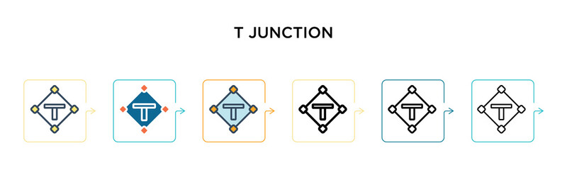 T junction sign vector icon in 6 different modern styles. Black, two colored t junction sign icons designed in filled, outline, line and stroke style. Vector illustration can be used for web, mobile,