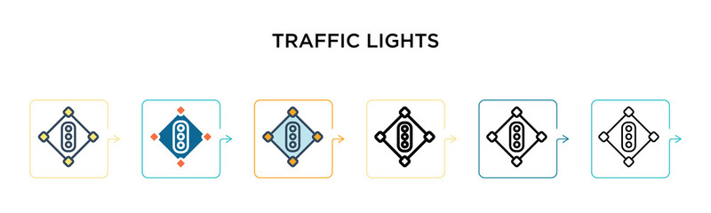 Traffic lights sign vector icon in 6 different modern styles. Black, two colored traffic lights sign icons designed in filled, outline, line and stroke style. Vector illustration can be used for web,
